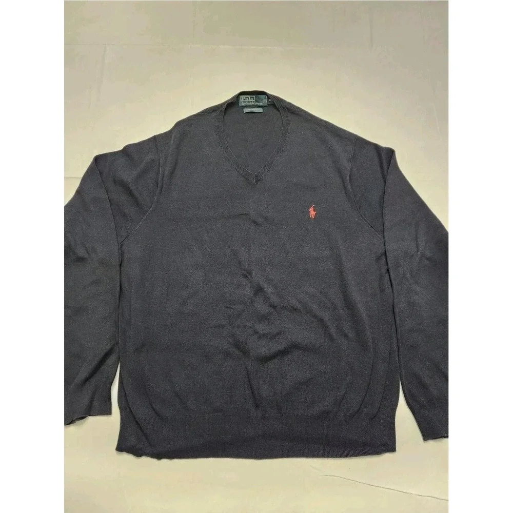 Polo Ralph Lauren Sweater Mens 2XL Navy Blue V Neck Pony Cotton Pullover Grandpa